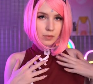 "Asmr Mood" in a pink hair wig.