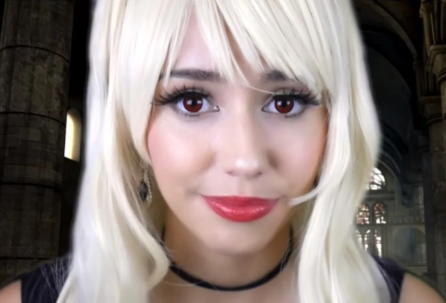 "catplant asmr" with blonde hair and red lips.