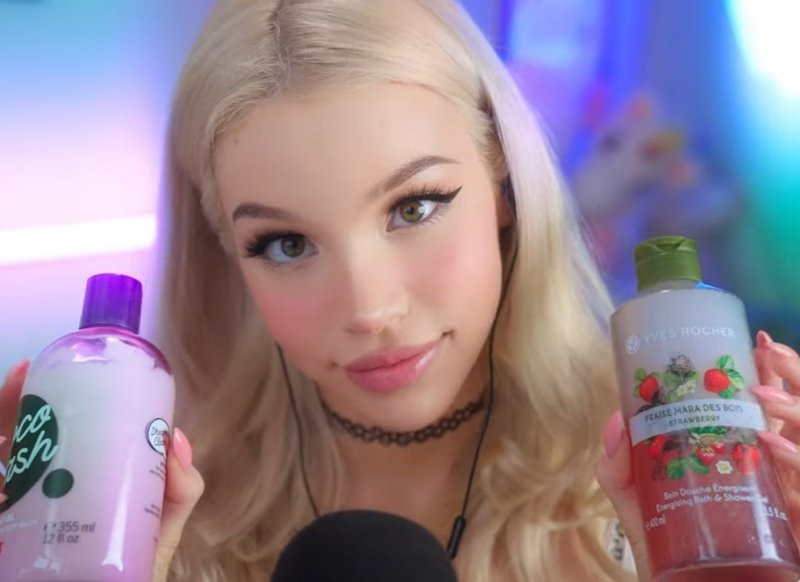 "Alice Delish" doing ASMR with a microphone.
