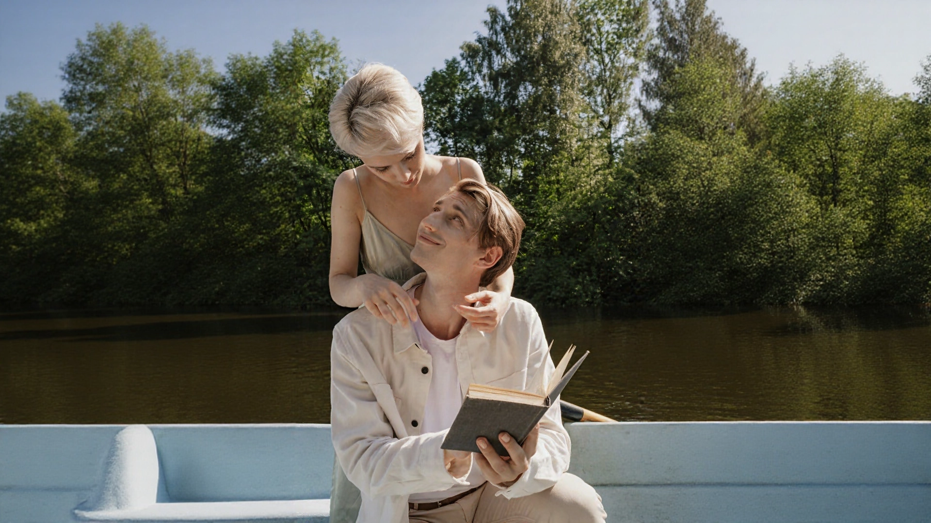 Personal Attention ASMR featured image of woman over a mans shoulder who is reading a book with a lush background.