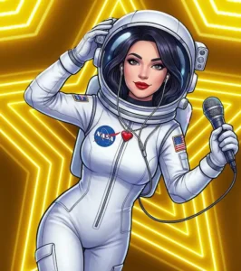 Bee Bee ASMR in NASA space suit with a golden star background, she is holding a microphone