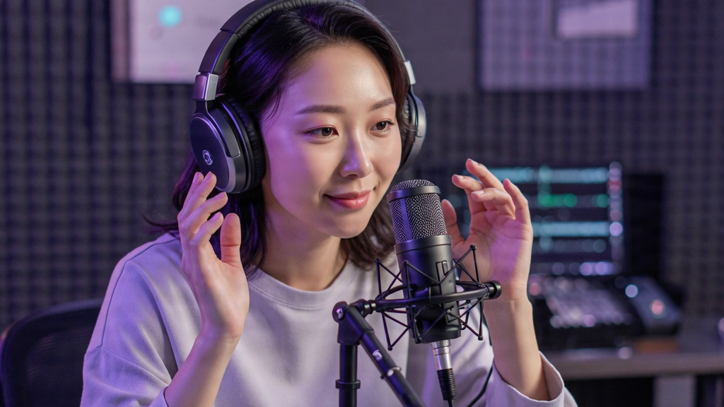 A serene ASMR artist with headphones in a professional studio setting, soft purple and blue lighting, high quality.