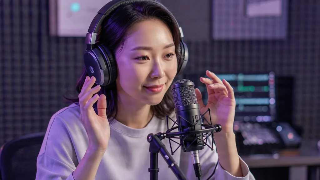 A serene ASMR artist with headphones in a professional studio setting, soft purple and blue lighting, high quality.