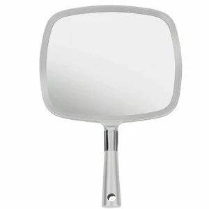 Silver large hand mirror with comfortable handle used for ASMR and other mirror related activities